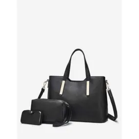 3 Pieces Minimalist Solid PU Leather Tote Bag Set - Black
