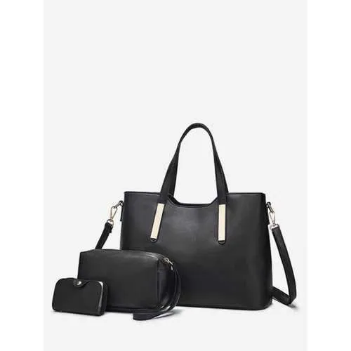 3 Pieces Minimalist Solid PU Leather Tote Bag Set - Black