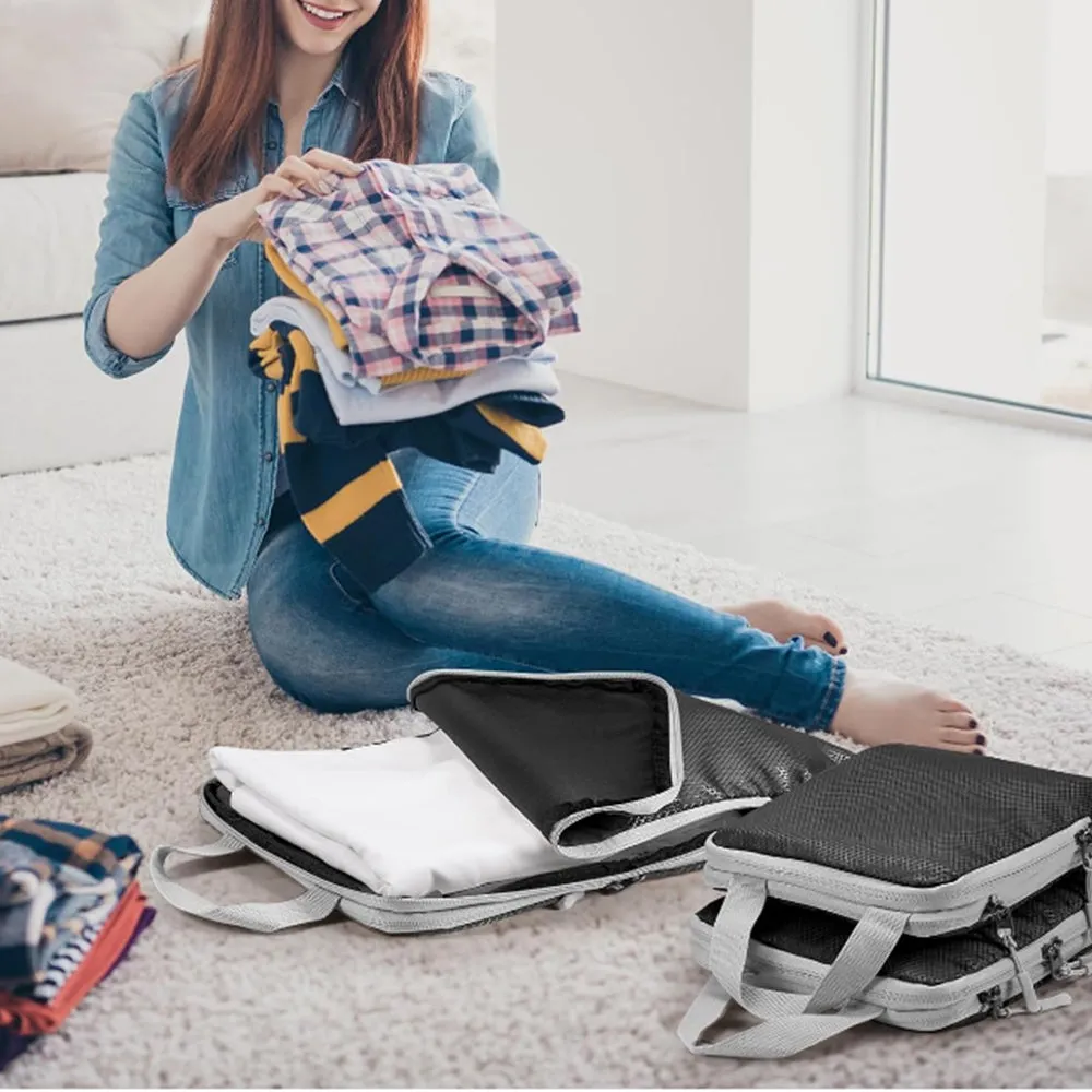 4Pcs Compression Packing Cubes Travel Luggage Storage Bags Organizers Black