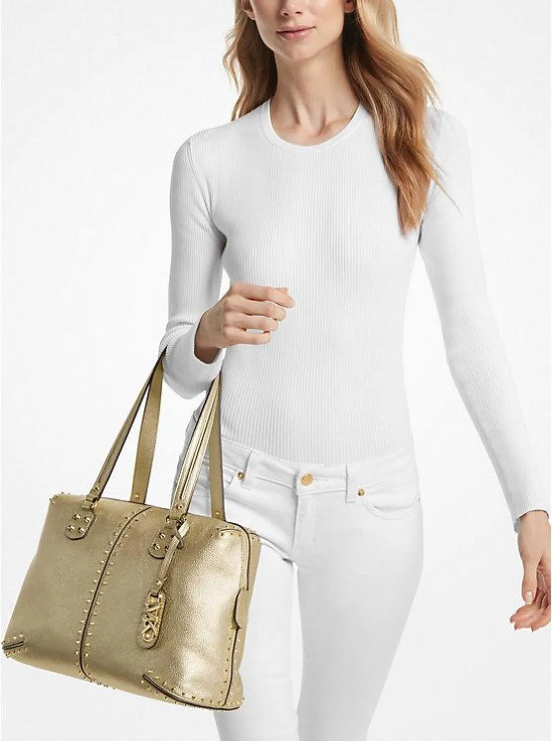 Astor Large Studded Metallic Leather Tote Bag