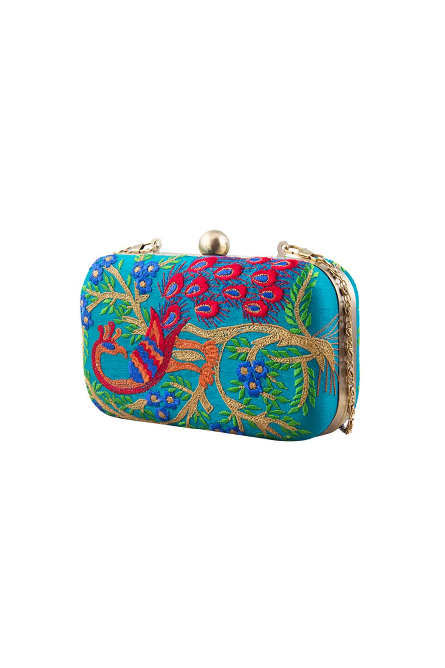 Bottle Green Peacock Embroidered Box Clutch