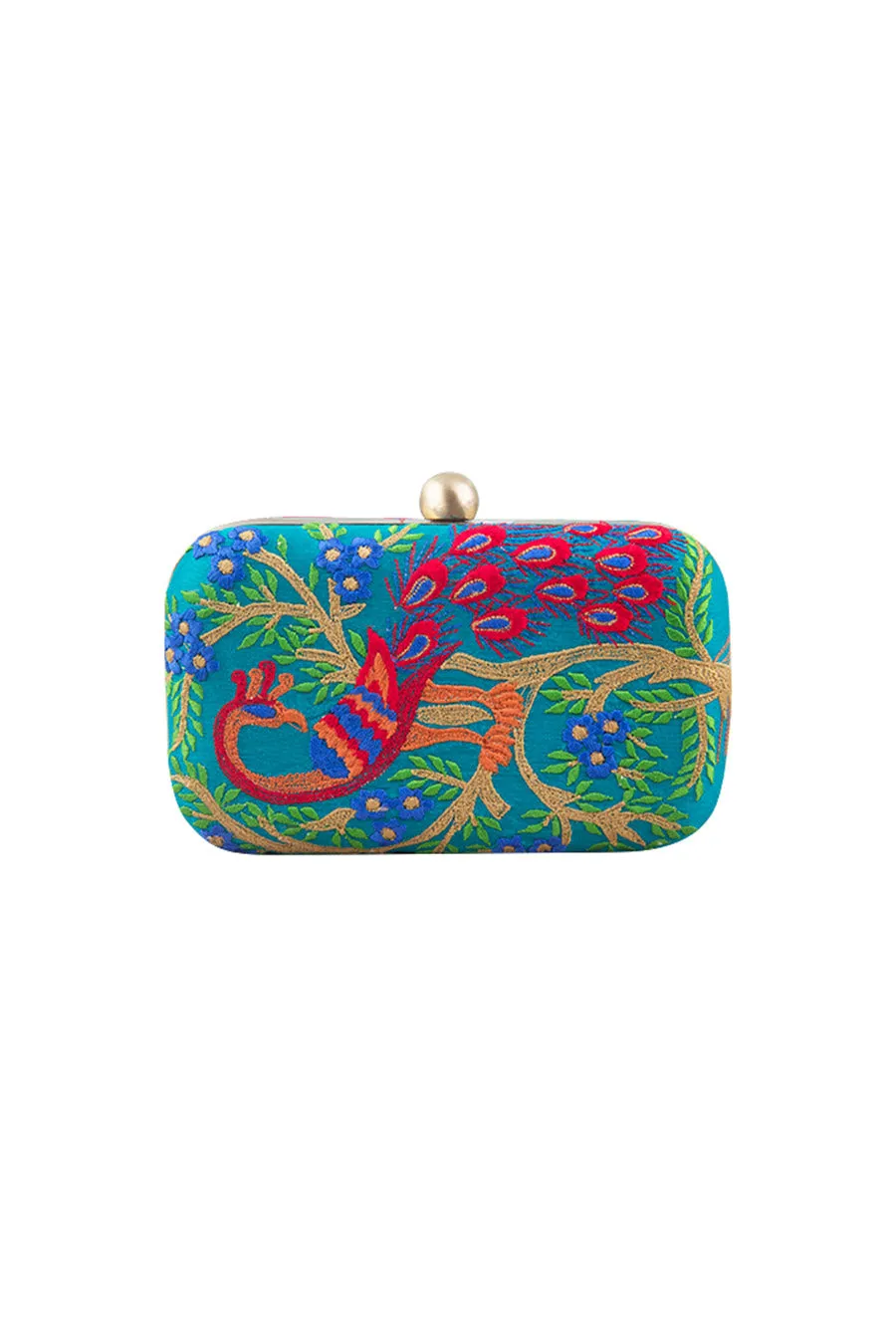 Bottle Green Peacock Embroidered Box Clutch