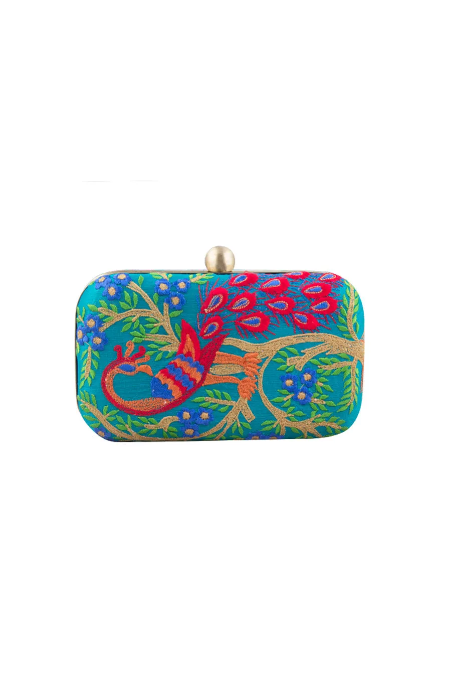 Bottle Green Peacock Embroidered Box Clutch