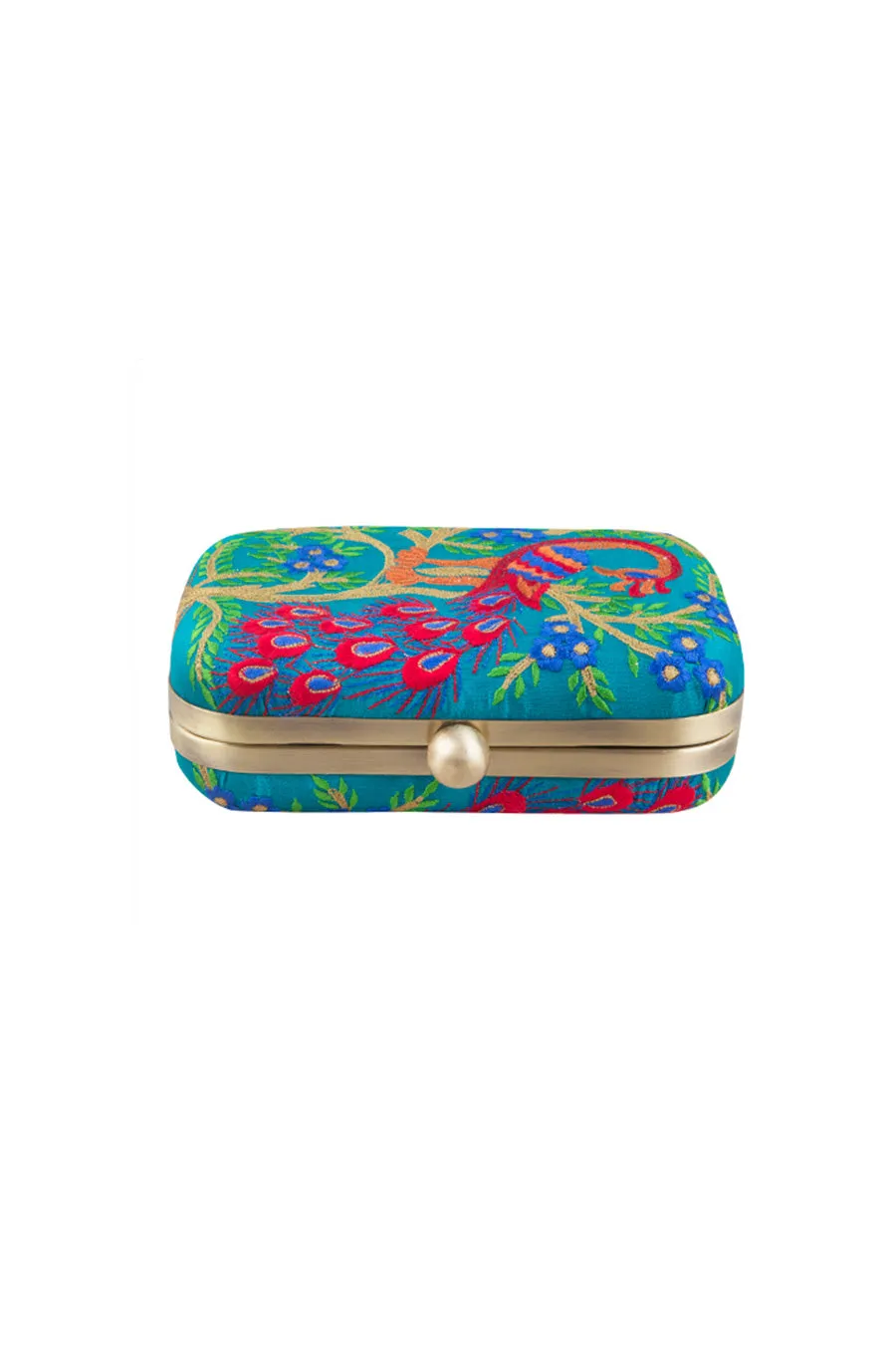 Bottle Green Peacock Embroidered Box Clutch