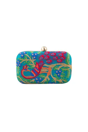 Bottle Green Peacock Embroidered Box Clutch