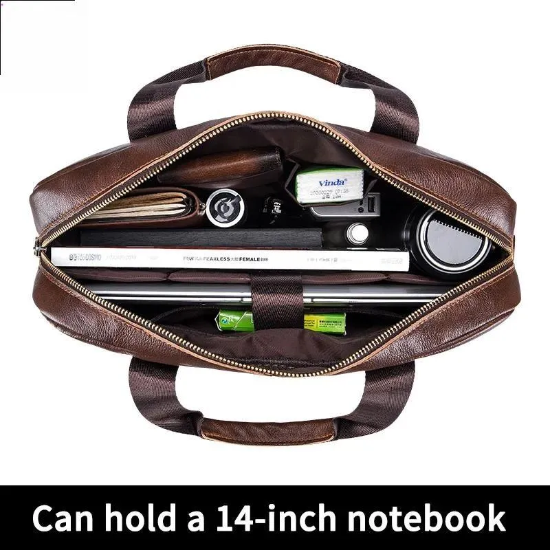 Briefcase Shoulder Messenger Bags Men's Genuine Leather 14-inch Laptop Bag's