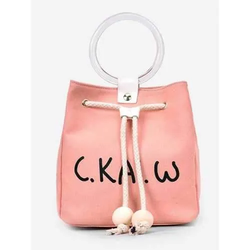 Canvas Letter Print Transparent Handle Handbag - Orange Pink