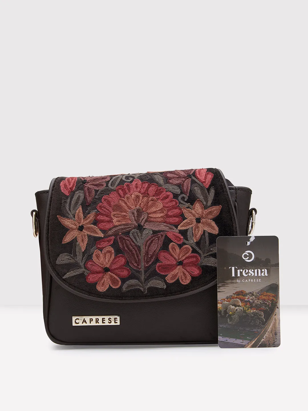 Caprese Tresna Embroidery Large Sling  Handbag Brown