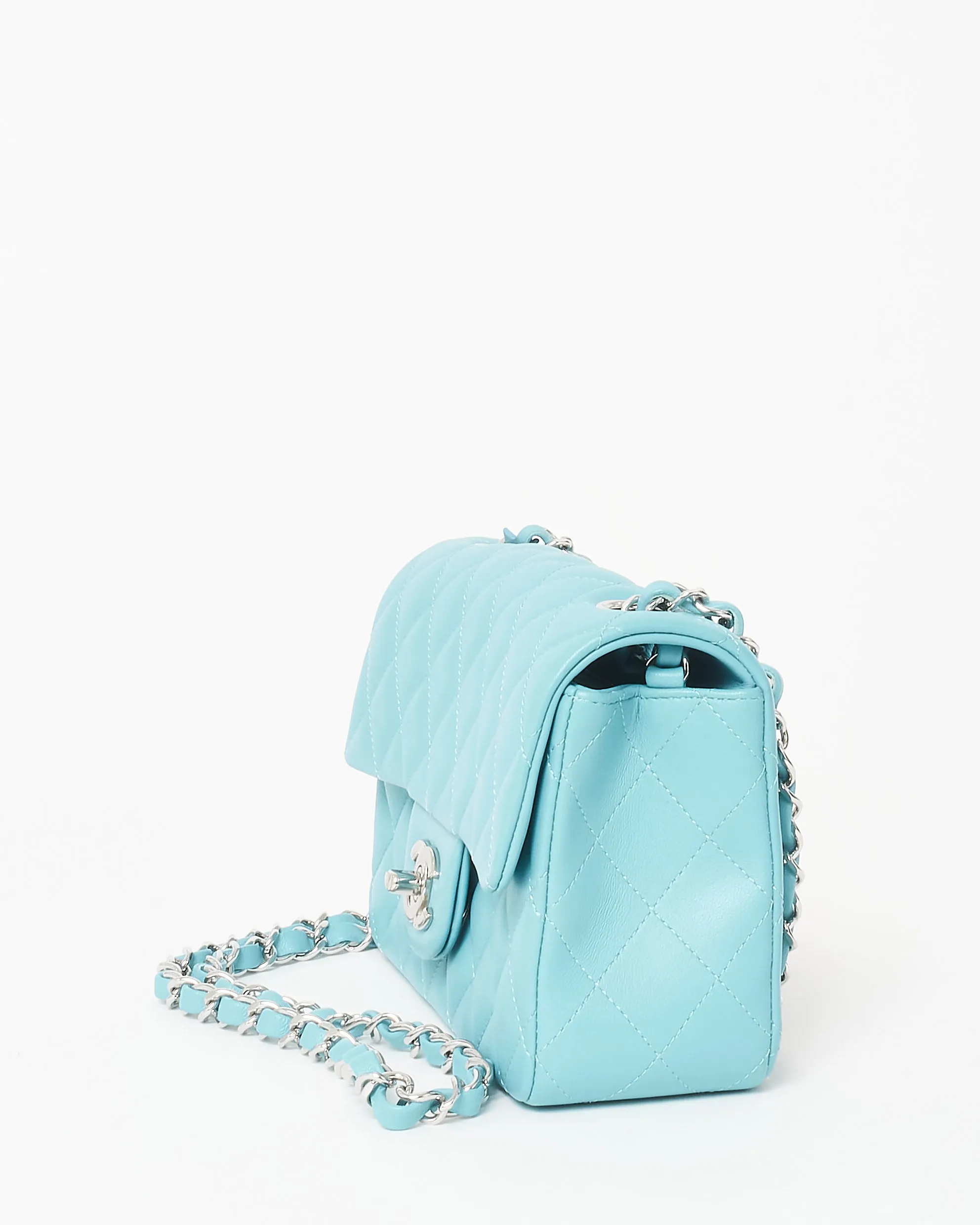 Chanel Light Blue/ Turquoise Lambskin Leather SHW Mini Rectangular Single Classic Flap