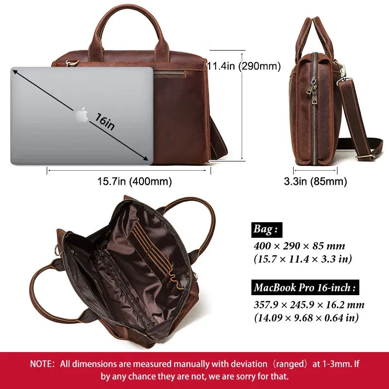 Crazy Horse Leather Briefcases Business Men's Crossbody Bag 16'' Laptop Bag