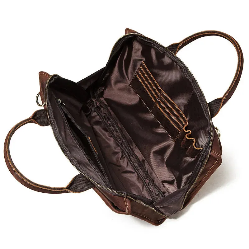 Crazy Horse Leather Briefcases Business Men's Crossbody Bag 16'' Laptop Bag