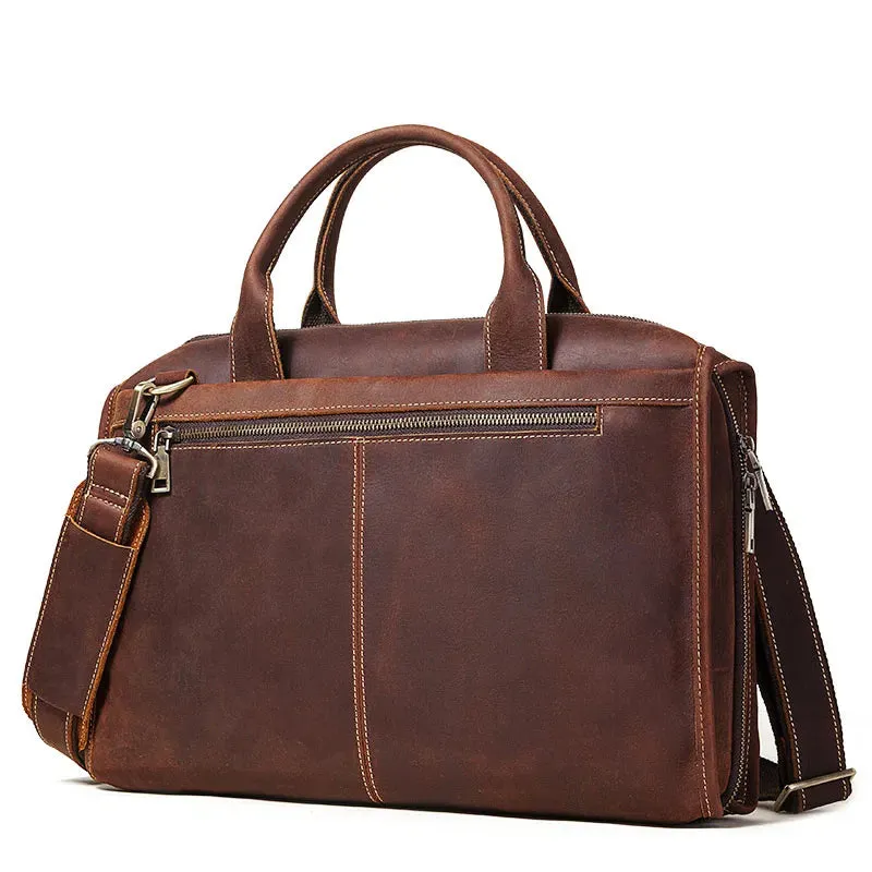 Crazy Horse Leather Briefcases Business Men's Crossbody Bag 16'' Laptop Bag