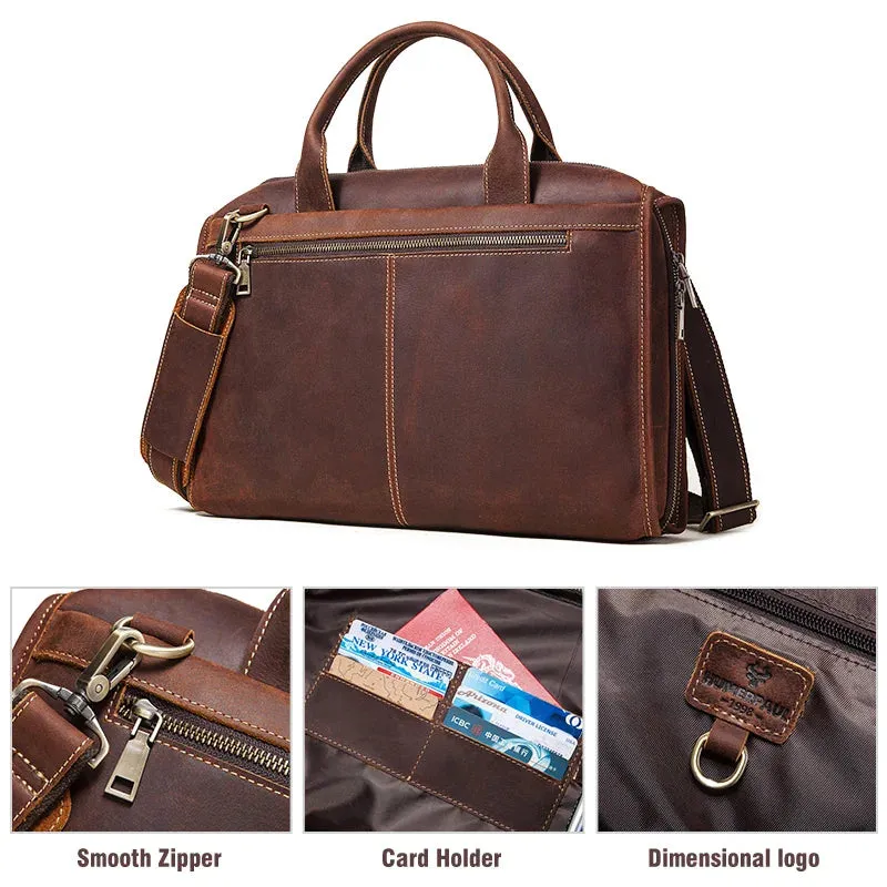 Crazy Horse Leather Briefcases Business Men's Crossbody Bag 16'' Laptop Bag