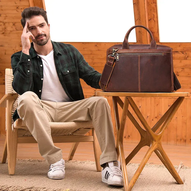 Crazy Horse Leather Briefcases Business Men's Crossbody Bag 16'' Laptop Bag