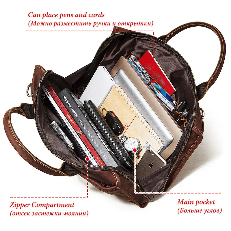 Crazy Horse Leather Briefcases Business Men's Crossbody Bag 16'' Laptop Bag