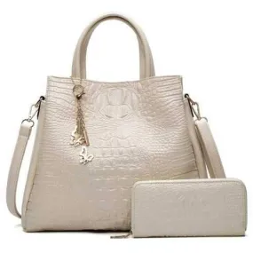 Crocodile Embossed Handbag and Wallet - White