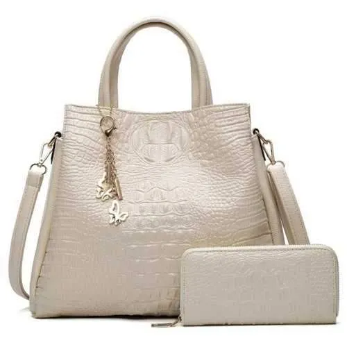 Crocodile Embossed Handbag and Wallet - White