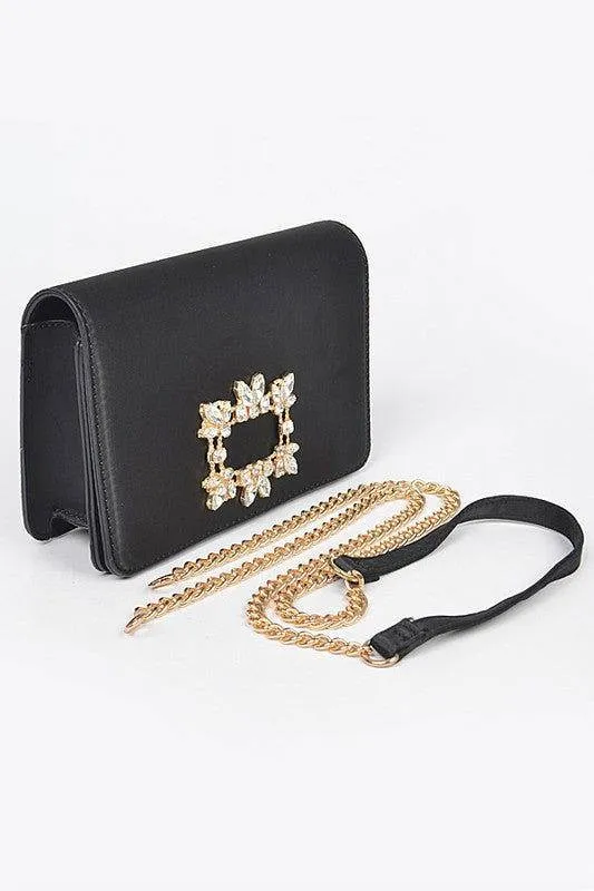 Crystal Buckle Designed Satin Crossbody Bag