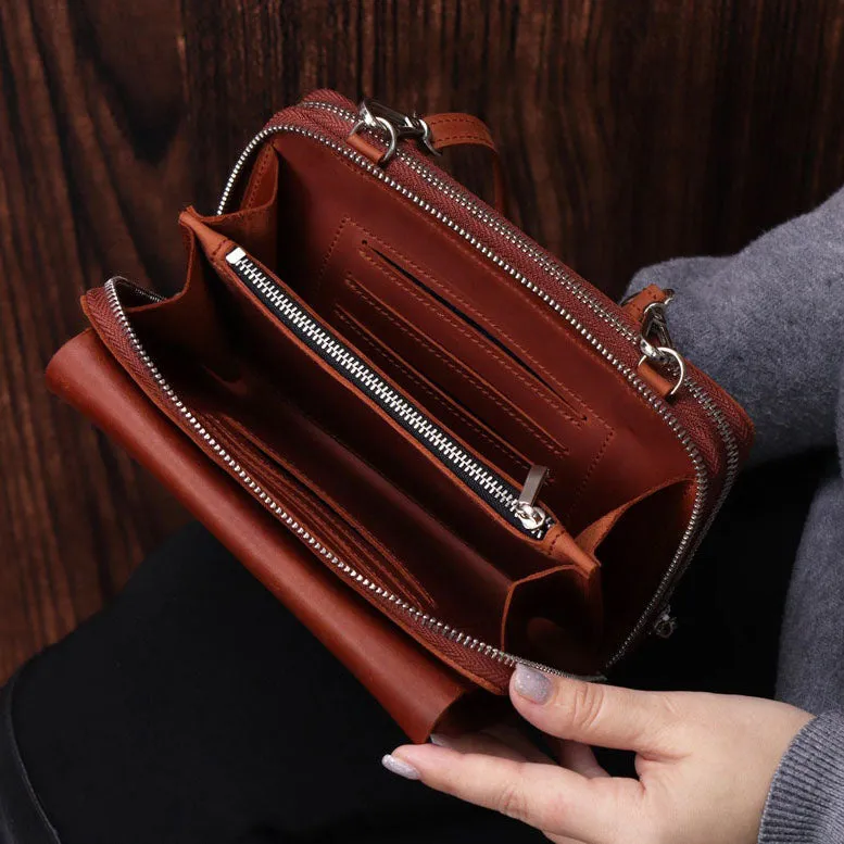 Dazzlo Handmade Leather Women’s Bag for iPhone 15 Pro - Brown/Cognac - 8"