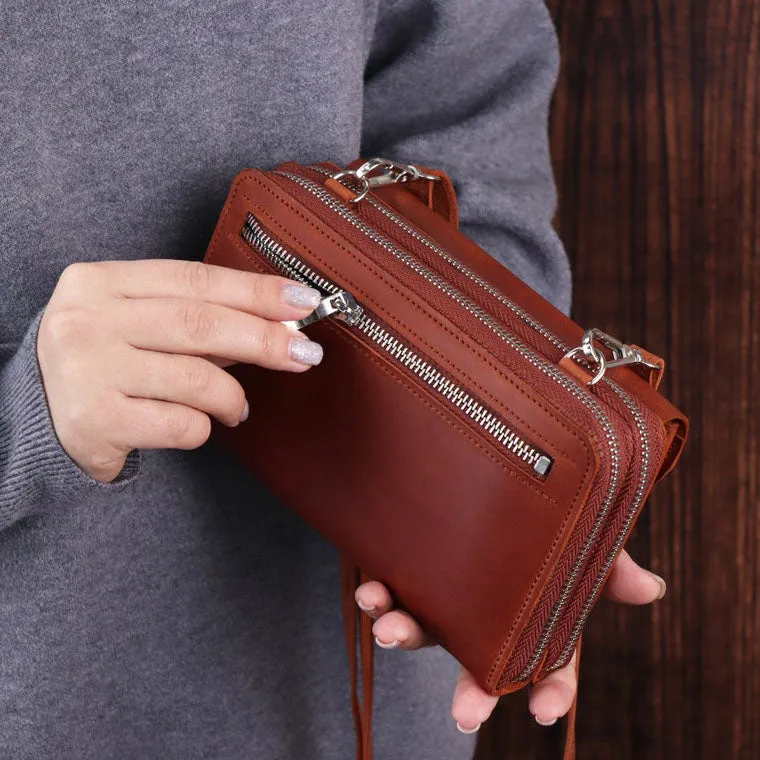 Dazzlo Handmade Leather Women’s Bag for iPhone 15 Pro - Brown/Cognac - 8"