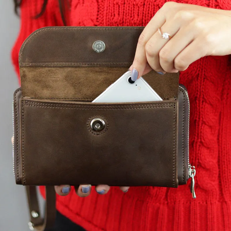 Dazzlo Handmade Leather Women’s Bag for iPhone 15 Pro - Brown/Cognac - 8"