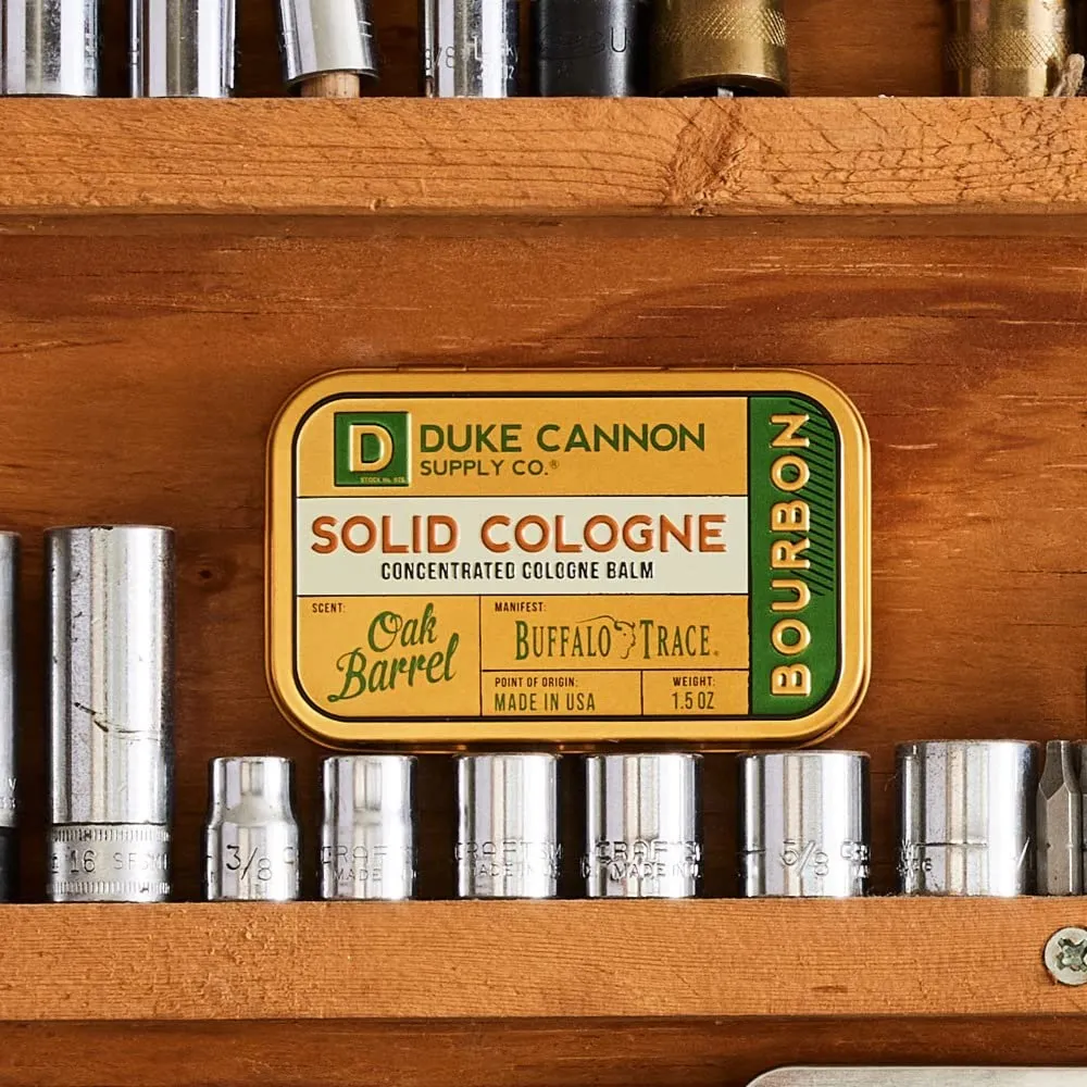 Duke Cannon Men's Solid Cologne - Bourbon | Concentrated Cologne Balm | Woody Oak Barrel Scent | Travel-Friendly Tin | 1.5 oz
