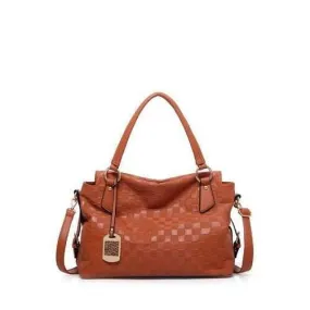 Embossing Plaid Pattern Metal Tote Bag - Brown