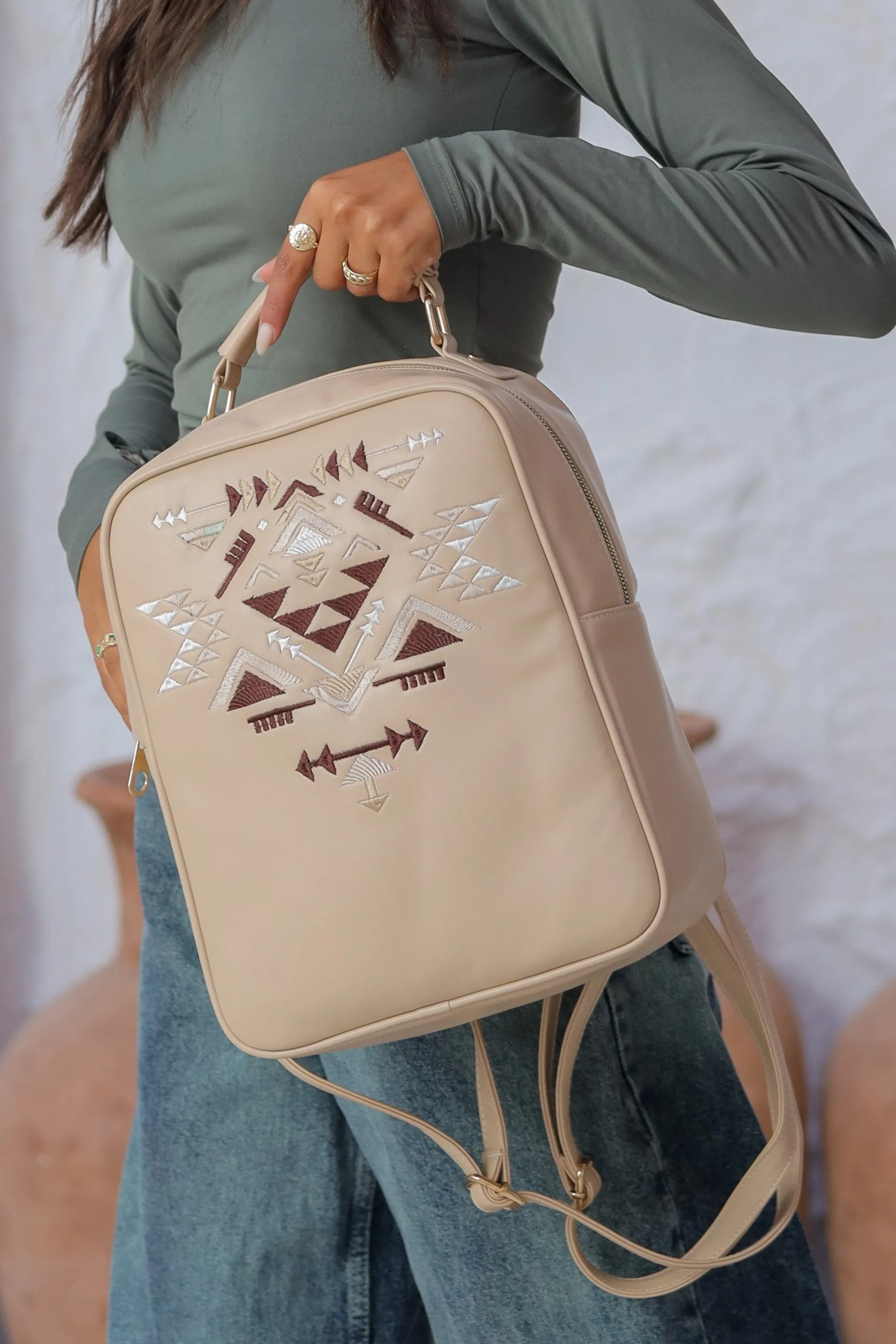 Embroidered Desert Backpack - Beige x Brown