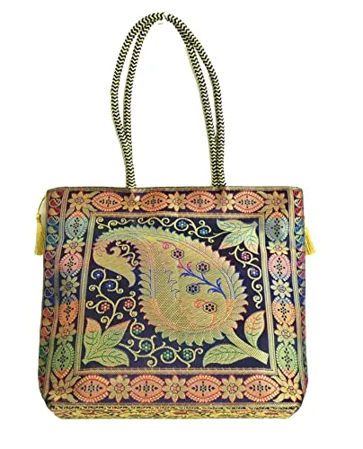 Embroidery Silk Handicraft Hand Bag, Shoulder, Tote Bag For Ladies (13 x 11.5 x 7.5 Inches, Leaves & Flower, Violet Color)