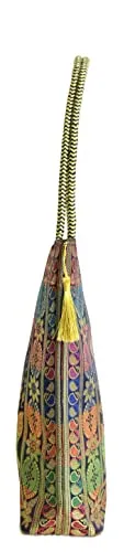 Embroidery Silk Handicraft Hand Bag, Shoulder, Tote Bag For Ladies (13 x 11.5 x 7.5 Inches, Leaves & Flower, Violet Color)