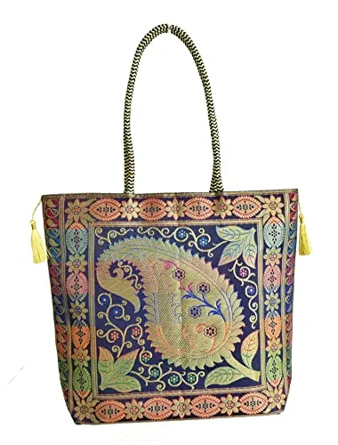 Embroidery Silk Handicraft Hand Bag, Shoulder, Tote Bag For Ladies (13 x 11.5 x 7.5 Inches, Leaves & Flower, Violet Color)