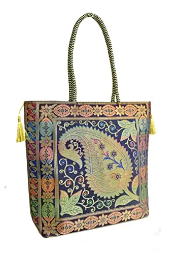 Embroidery Silk Handicraft Hand Bag, Shoulder, Tote Bag For Ladies (13 x 11.5 x 7.5 Inches, Leaves & Flower, Violet Color)