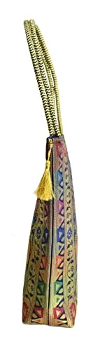 Embroidery Silk Handicraft Hand Bag, Shoulder, Tote Bag For Ladies (13 x 11.5 x 7.5 Inches, Leaves & Flower, Violet Color)