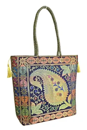 Embroidery Silk Handicraft Hand Bag, Shoulder, Tote Bag For Ladies (13 x 11.5 x 7.5 Inches, Leaves & Flower, Violet Color)