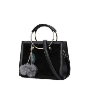 Faux Fur Metal Ring Pompon Panel Handbag - Black