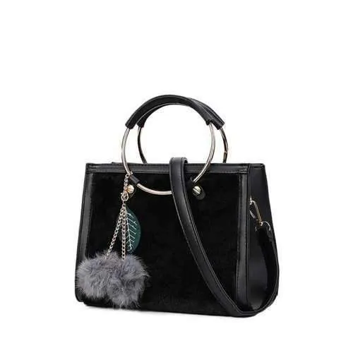 Faux Fur Metal Ring Pompon Panel Handbag - Black