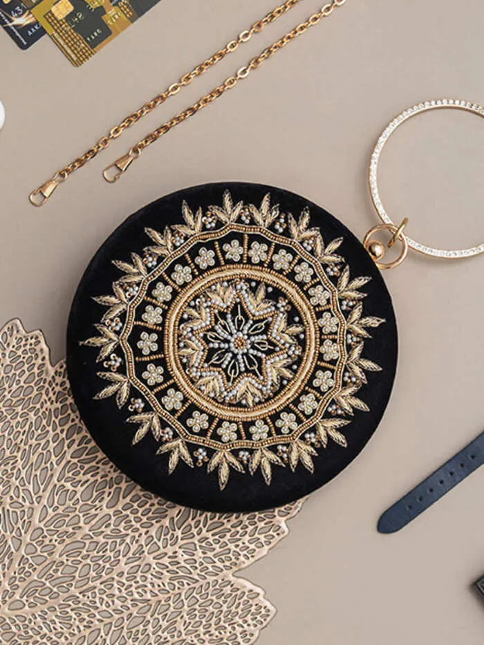 Ifrah Maroon Round Hand Embroidered Clutch