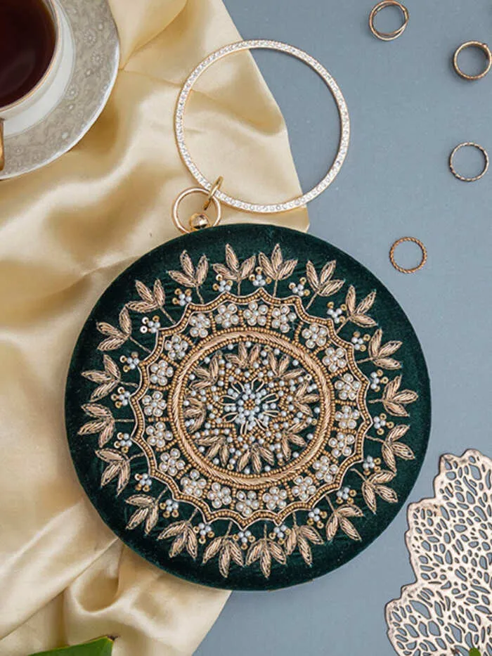 Ifrah Maroon Round Hand Embroidered Clutch