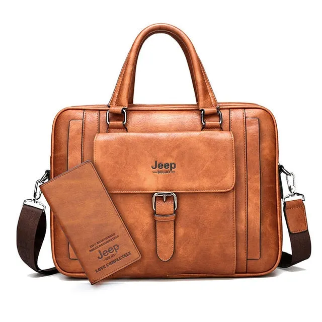 JEEP BULUO Big Size Split Leather Business Handbag Male Shoulder Travel Bag office Men Briefcase Bags For 15.6 inches Laptop