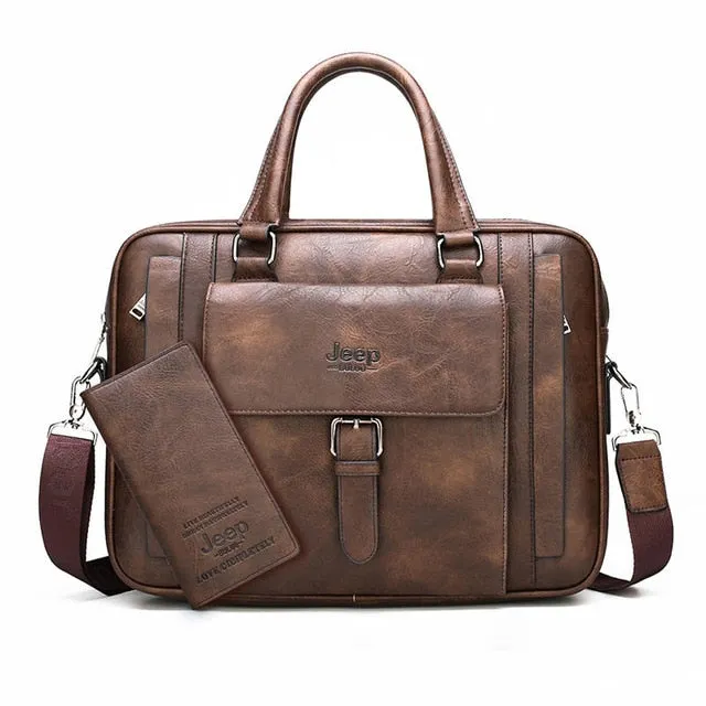 JEEP BULUO Big Size Split Leather Business Handbag Male Shoulder Travel Bag office Men Briefcase Bags For 15.6 inches Laptop