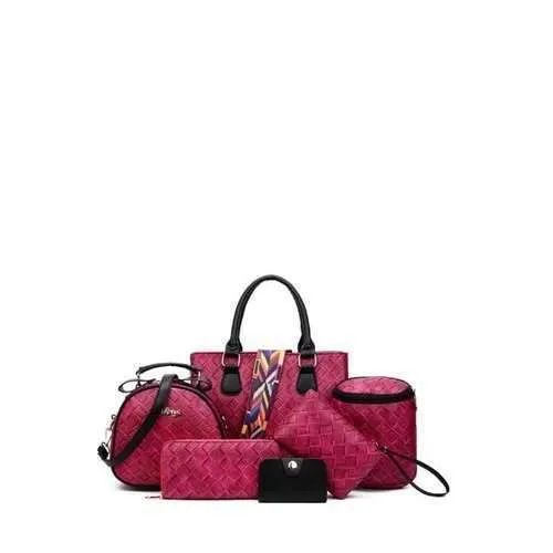 Letter Colored Strap Weaving Handbag - Rose Red