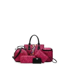 Letter Colored Strap Weaving Handbag - Rose Red
