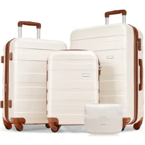 Luggage Sets 3 Piece, Expandable Abs Durable Suitcase With Hanging Toiletry Bag, Carry On Luggage Suitcase Set With 360° Spinner Wheels, Ivory And Brown
