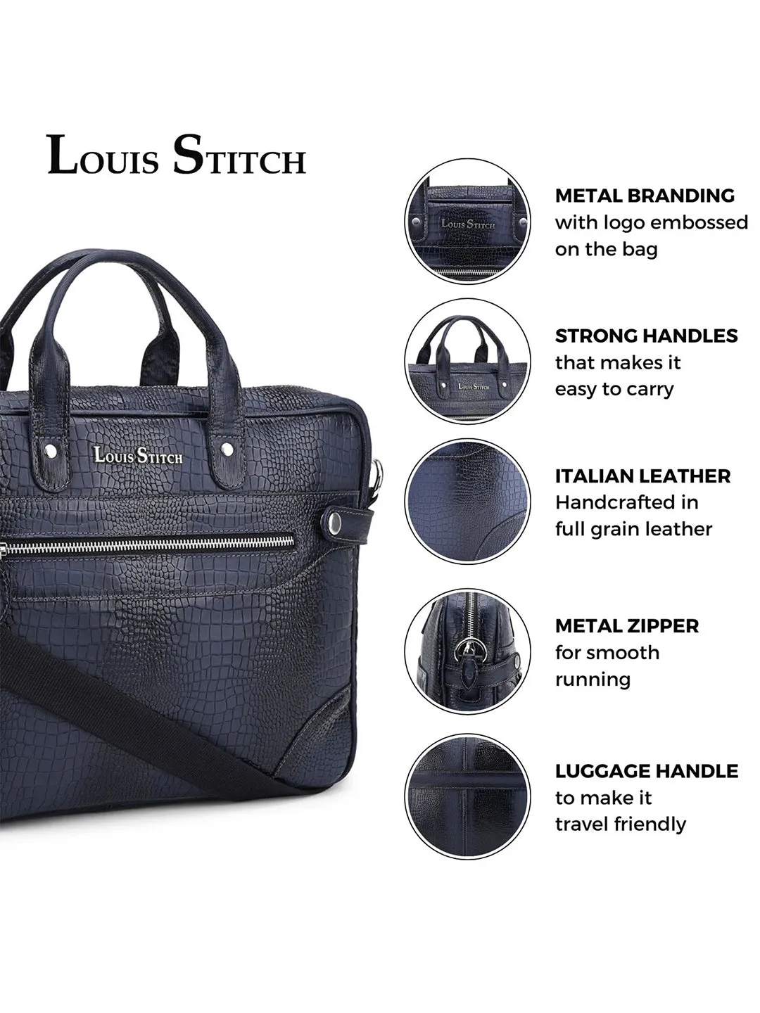 Men's Blue Italian Leather Dual Tone Laptop Bag with Shoulder Strap