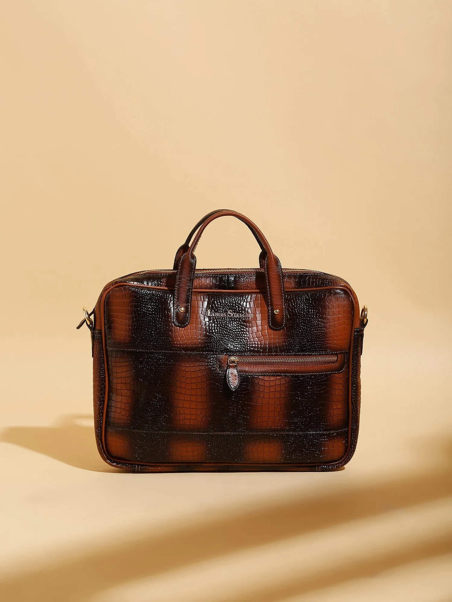 Men's Tan Italian Leather Dual Tone Laptop Bag with a Shoulder Strap