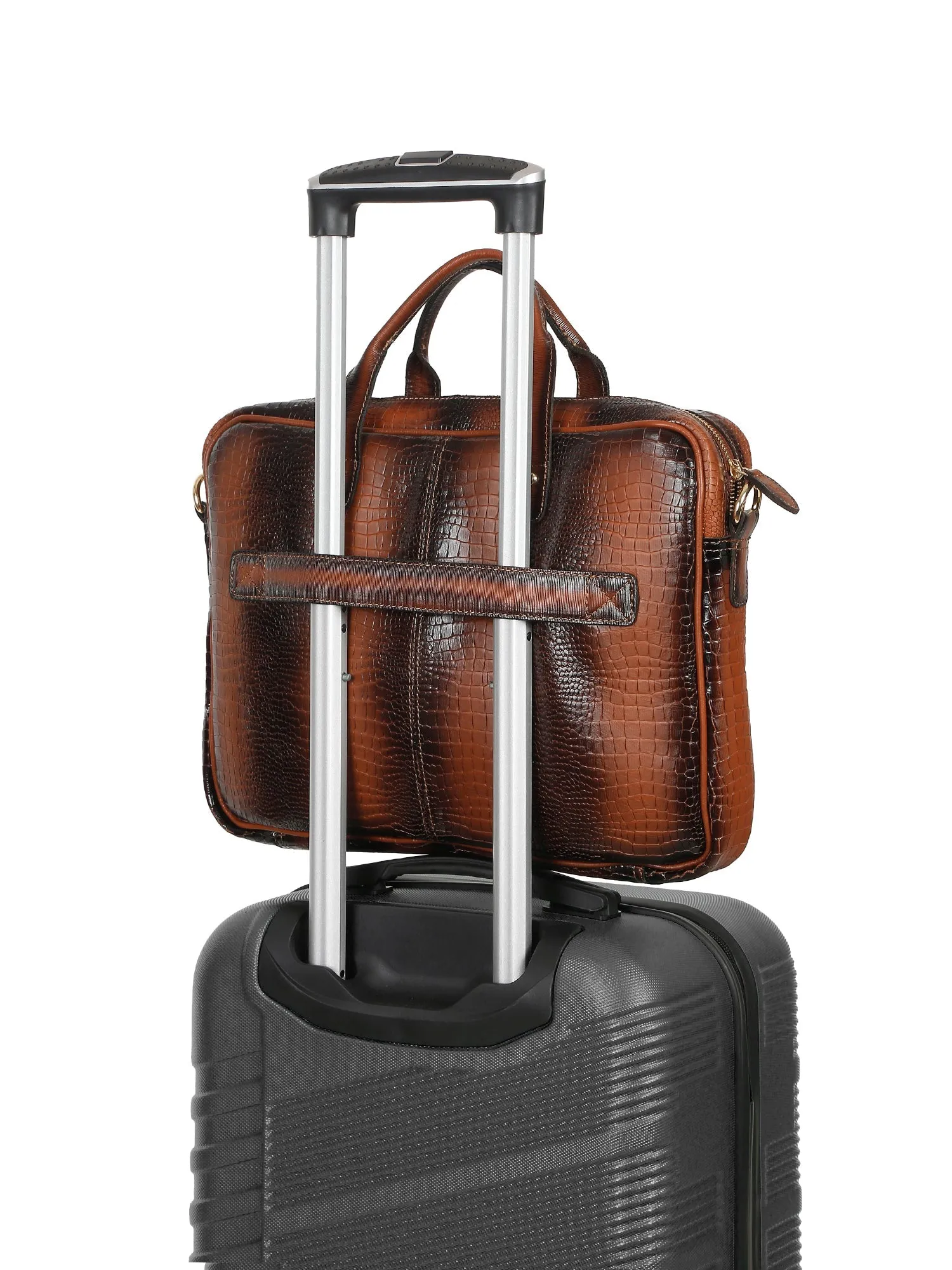 Men's Tan Italian Leather Dual Tone Laptop Bag with a Shoulder Strap