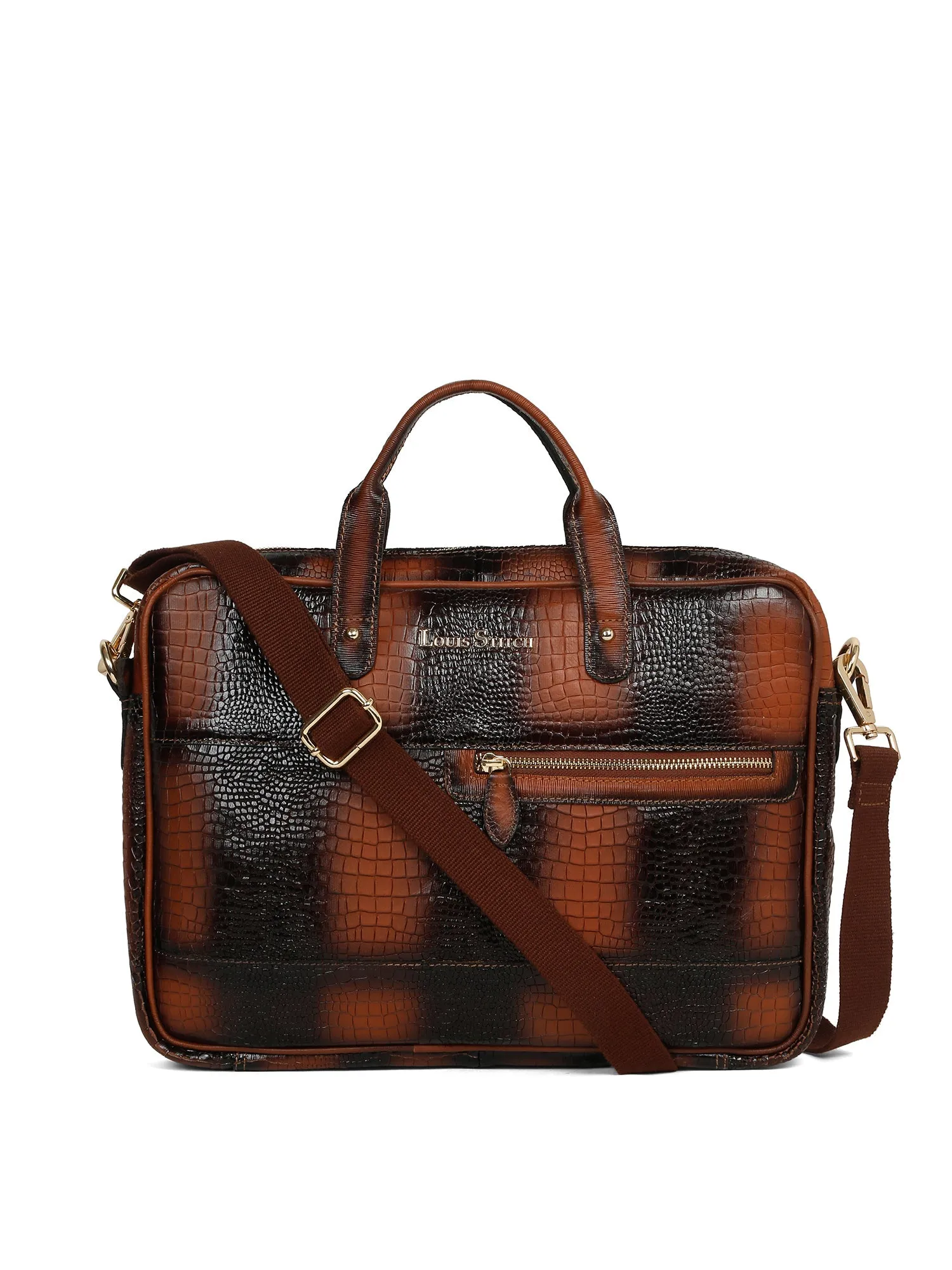 Men's Tan Italian Leather Dual Tone Laptop Bag with a Shoulder Strap