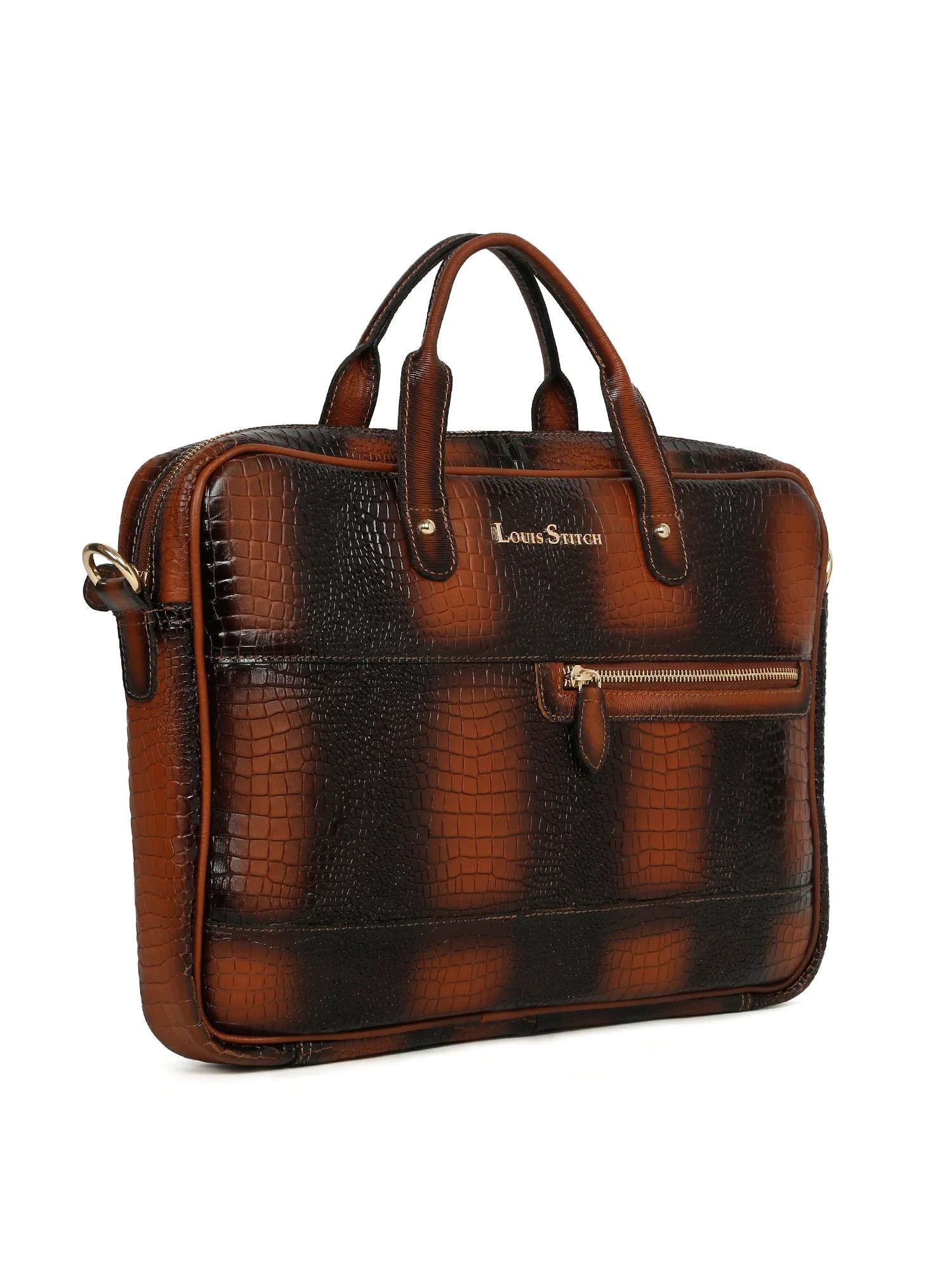 Men's Tan Italian Leather Dual Tone Laptop Bag with a Shoulder Strap