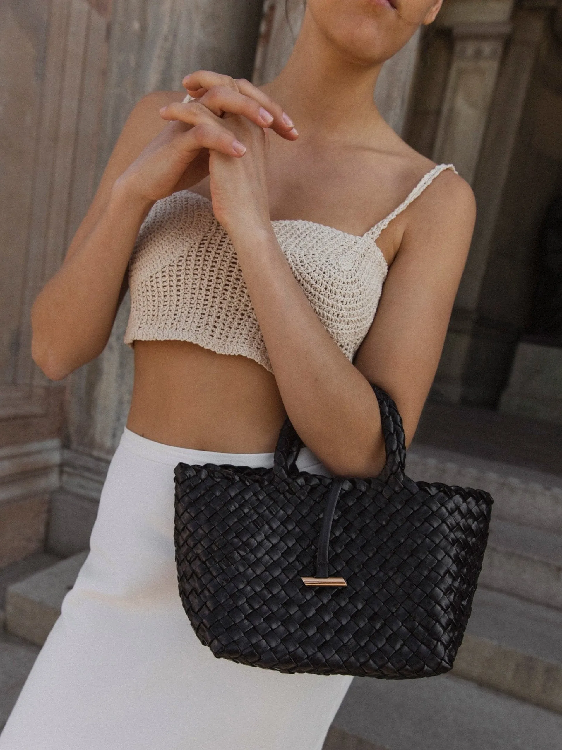 Mini black leather basket bag