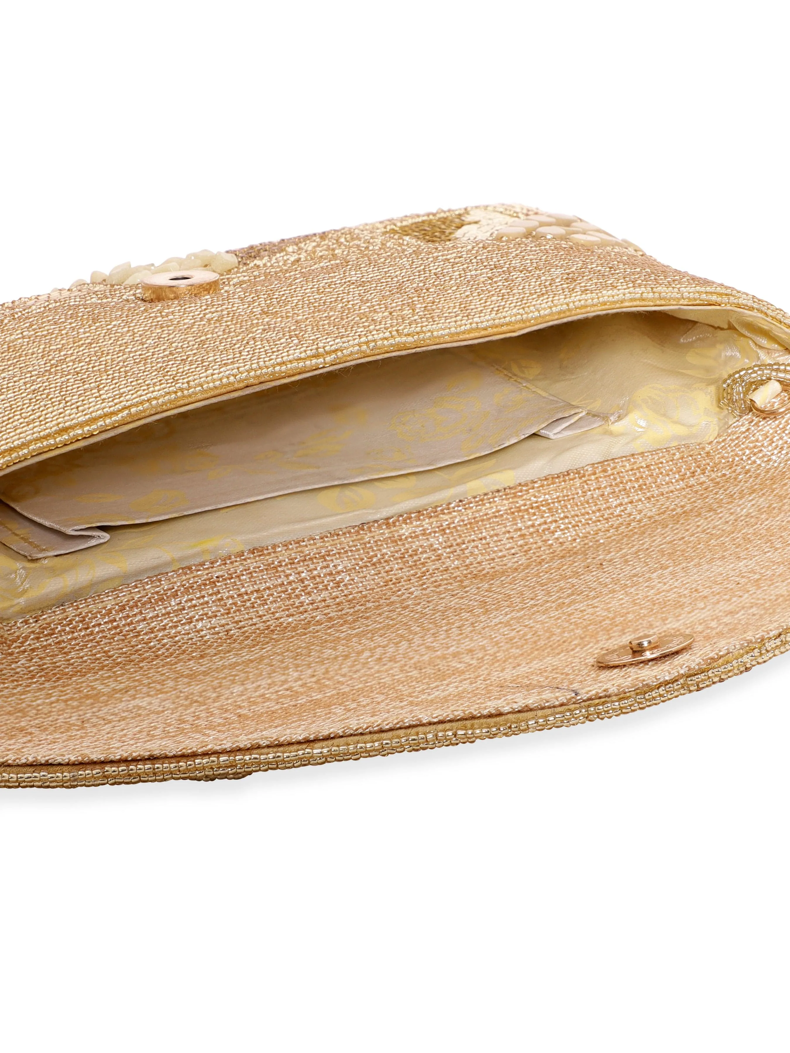 Rubans Golden Glamour Handcrafted Crystal Beaded Clutch with Gold Tone Embellishments